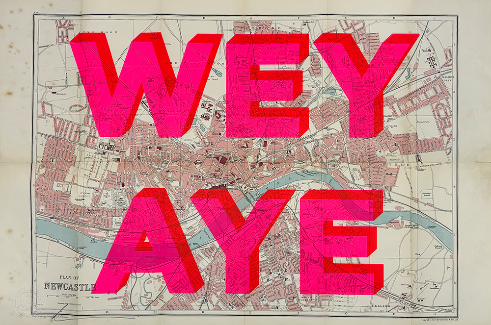 A captivating piece of art, this vintage map of Newcastle serves as a canvas for bold expression. The intricate details of street and river layouts are meticulously preserved, evoking a sense of historical exploration. Dominating the piece, large pink letters spell "WEY AYE" with assertive vibrancy, creating a striking juxtaposition between the classic tones of the map and the modern flair of the text. This artwork masterfully blends nostalgia with contemporary spirit, inviting viewers to delve into Newcastle's rich tapestry while making a bold statement.