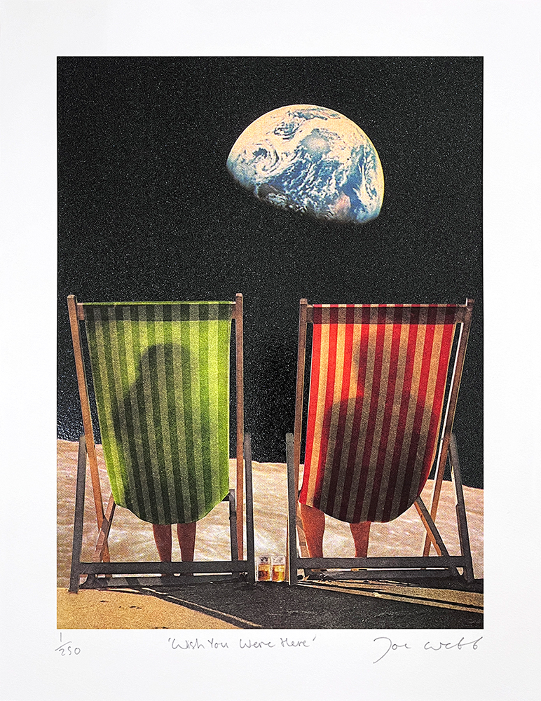 Two figures recline in a pair of deck chairs—one adorned in vibrant green and the other in lively red stripes—set against the enigmatic backdrop of the moon's surface. Their eyes are drawn to the distant Earth, a luminous marble under a blanket of twinkling stars that adds an ethereal shimmer to the scene. Between them, a drink sits as a testament to serenity, capturing the essence of longing and nostalgia reminiscent of "Wish You Were Here - Stripes/Glitter mini edition.