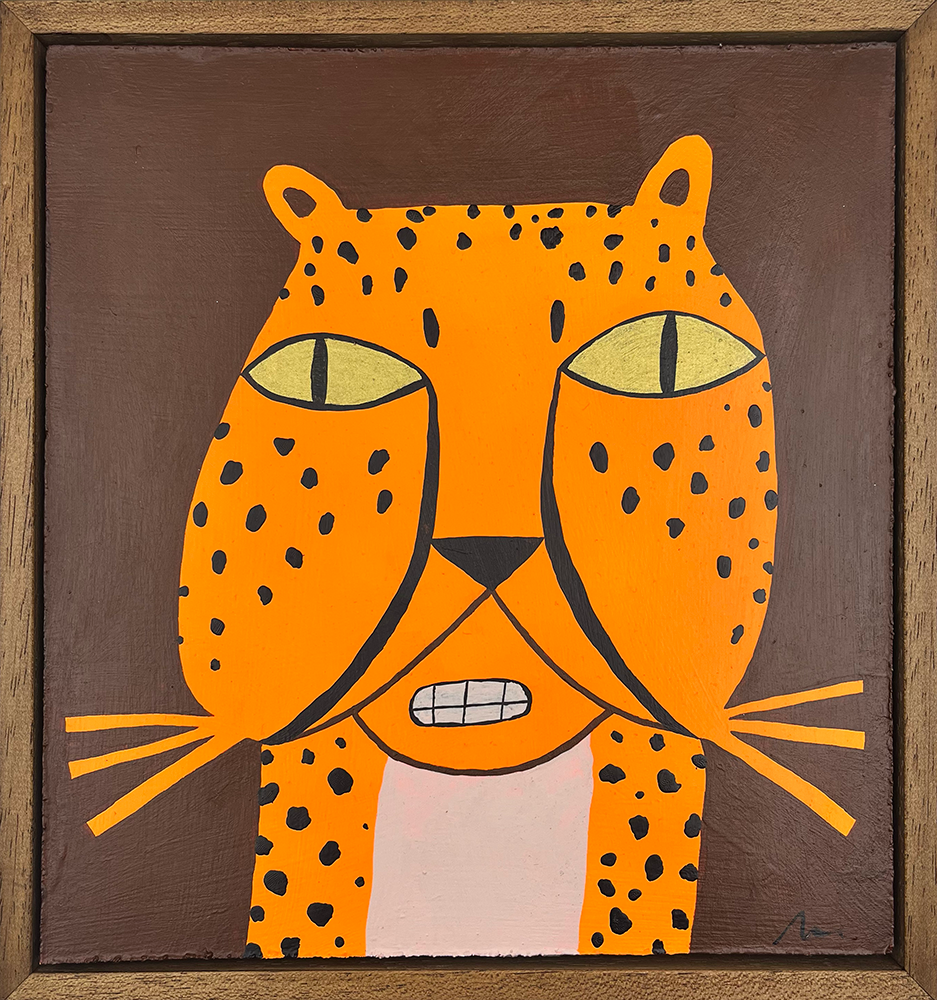 Land of Orange I" captures a vibrant orange leopard. Its black spots and long eyes create a striking look. The backdrop is warm brown, enhancing the art's depth. The leopard's exposed teeth add intensity to the image. Drooping whiskers add character. A wooden frame elegantly surrounds the piece, complementing its beauty.