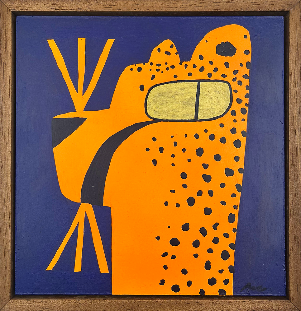 Land of Orange II" is an abstract painting. It features a stylized jaguar head. Bold geometric shapes fill the canvas. A dark blue background sets the scene. Large oval eyes stand out prominently. Whisker-like lines add detail to the piece. The artwork is framed in wood, enhancing its natural allure.