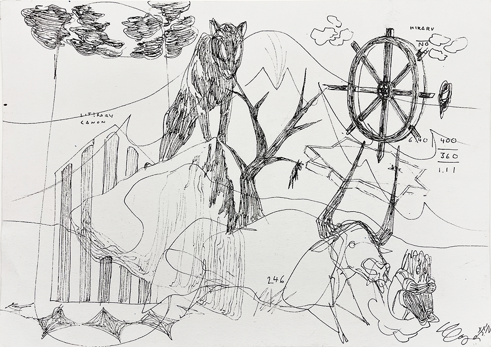 Every 10 Years (Copy)" captures a wolf sketch amid rocky terrain. Abstract elements add intrigue. A large ship wheel stands prominently. Decadal numbers appear, drawing the viewer's eye. A broken tree adds depth to the scene. Scattered clouds float above, enhancing mystery. Geometric shapes intersect throughout. Lines weave in and out, creating a surreal ambiance.