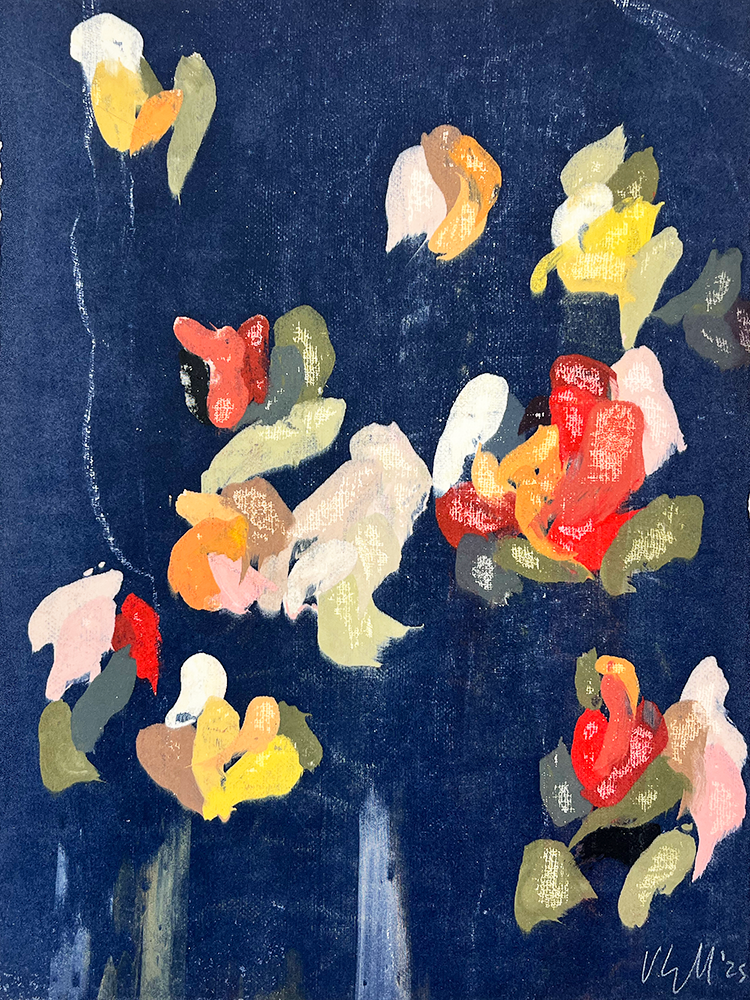 This artwork captures a vibrant, abstract scene. Colorful flower-like shapes burst with energy against a dark blue backdrop. Shades of red, yellow, pink, and cream dance across the canvas. The flowers seem to float effortlessly in this imagined space. Their bright hues contrast brilliantly with the deep background, creating an engaging visual experience.