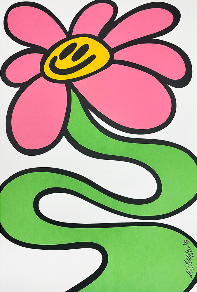 A vibrant image shows a pink flower with a yellow smiley face at its center. The green stem waves gracefully. Bold black outlines highlight each shape. The artist's signature sits in the bottom right corner.