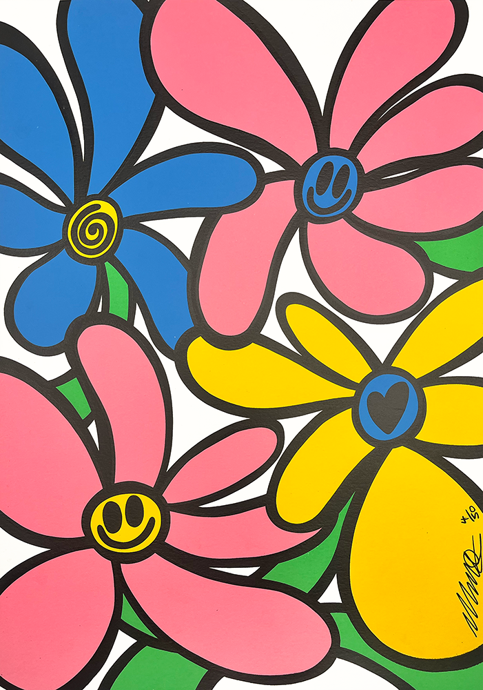 Daydreams 1 (Copy)" presents a vibrant, abstract floral scene. Bold outlines define the composition. Pink, blue, and yellow flowers burst with color. Petal shapes abound in the artwork. Each flower center displays a smiley face or heart. The artist signs the piece in the bottom right corner.