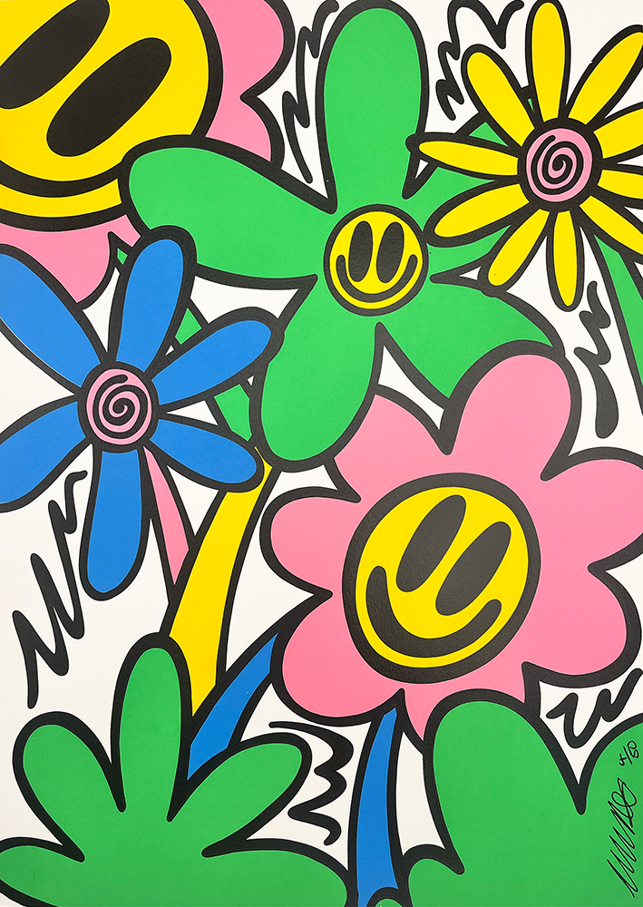 Daydreams 1 (Copy)" bursts with vibrant pop art flowers. Smiley faces appear in blue, pink, yellow, and green. They sit on a clean white background. Black outlines add contrast and define each bloom clearly. Zigzag accents inject energy into the piece. The overall design feels lively and playful, much like a colorful daydream comes to life.