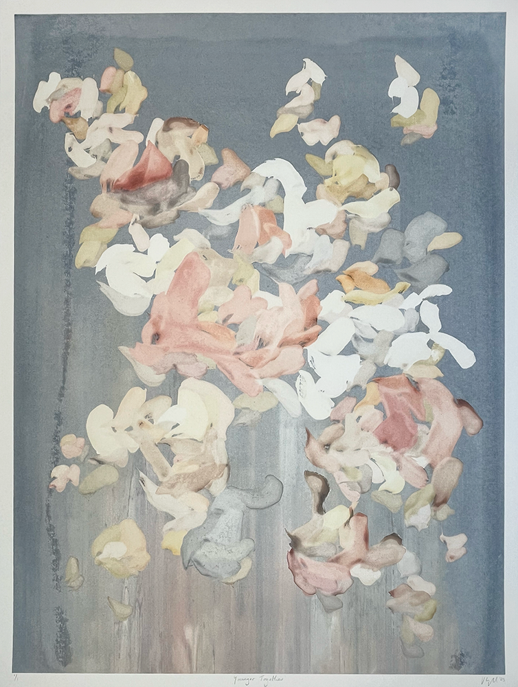 The abstract painting 'Younger Together - Ghost 1' features ghostly movement and flow. It showcases pastel-colored, petal-like shapes. Soft pinks, whites, yellows, and grays dance across a textured gray background. The artist captures a serene and ethereal vibe in this artwork.