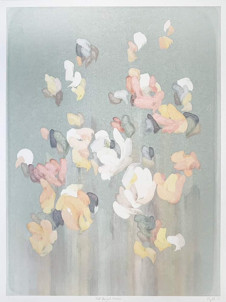 The Changed Meadow - Ghost 1" is an abstract artwork. It displays pastel floral shapes. A muted sea-green background supports these designs. The painting evokes gentle movement and harmony through its forms and colors.