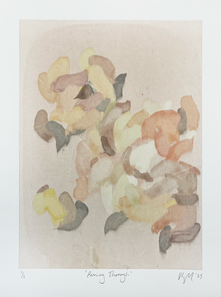 The painting *The Passing Through - Ghost 2* showcases abstract art. Watercolors in pastel yellow, peach, pink, and gray blend on a beige canvas. Soft brushstrokes create a soothing effect. Its gentle composition radiates calmness. It feels like a ghost quietly gliding by.