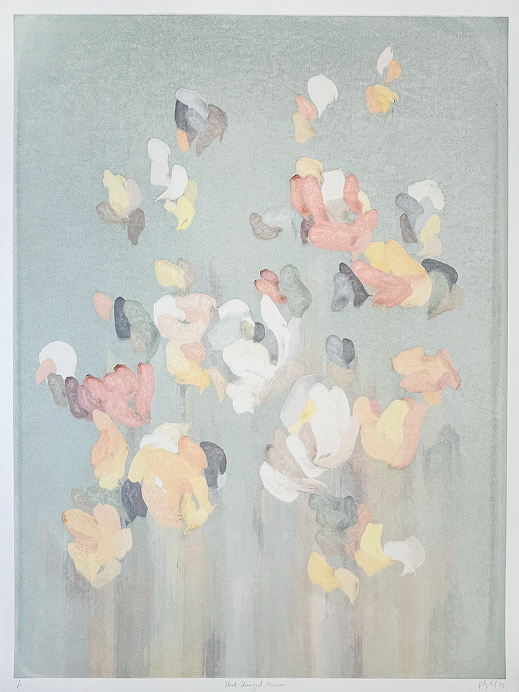 The Changed Meadow - Ghost 2 showcases abstract art. Soft pastel hues of orange, pink, yellow, and white paint the scene. These colors dance over a muted green backdrop. Brushstrokes form flowing shapes. They mimic blurred petals or leaves. This design evokes gentle serenity in the viewer.