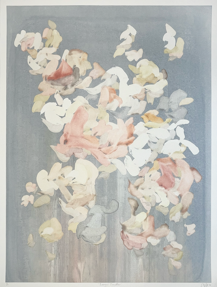 The abstract painting "Younger Together - Ghost 2" captivates with its soft brushstrokes. The floral shapes emerge on a muted blue-gray canvas. Shades of pink, cream, yellow, and peach blend seamlessly. This creates a delicate and airy feel in the artwork. The subtle colors invite a sense of calmness. Viewers often find it soothing and enchanting.