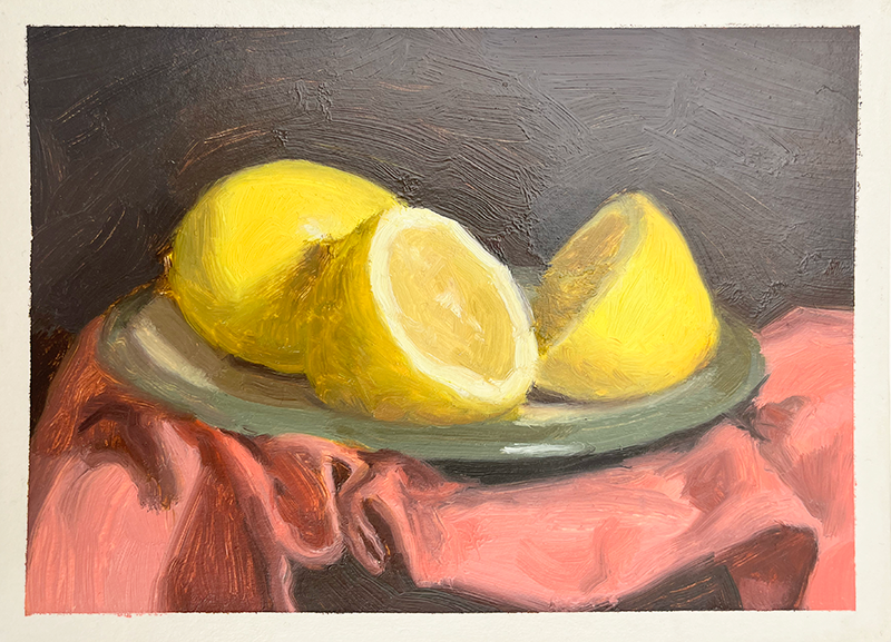 The painting displays two yellow lemons on a plate. One lemon is cut in half. A pink cloth lies underneath them. Ripe blueberries rest nearby. The artwork is called "Blueberries in a Spanish Bowl (Copy)." A dark background enhances the vivid colors.