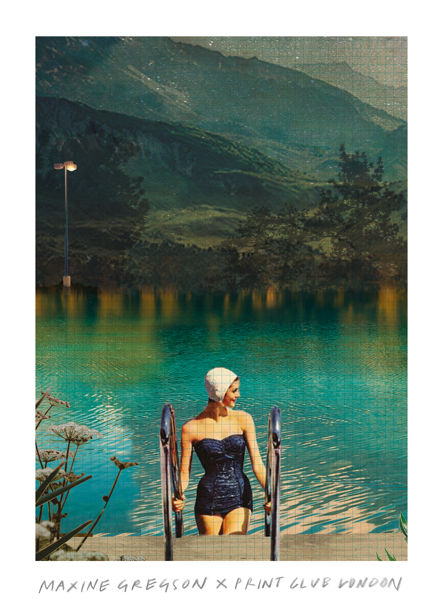 A woman climbs a pool ladder. She wears a vintage swimsuit and swim cap. The water beneath her sparkles turquoise. Behind her, lush green hills rise under a clear blue sky. A lamppost stands tall in the scene. Text reads "Maxine Gregson x Print Club London.