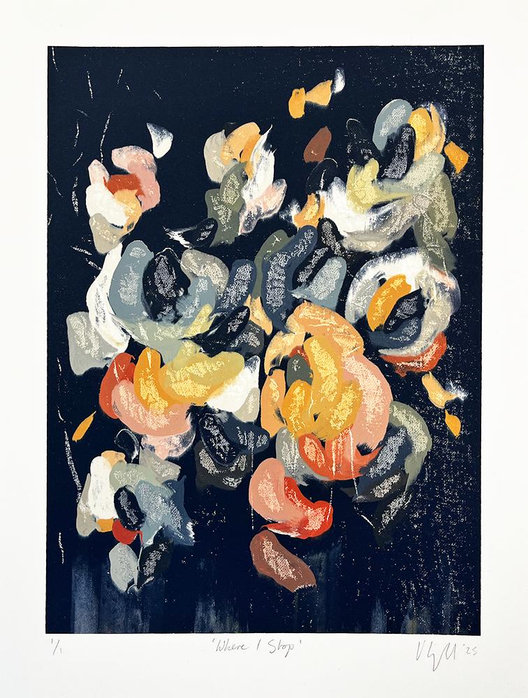 The abstract painting "Where I Stop" bursts with energy. Bold, swirling brushstrokes shape a floral arrangement. Flowers in orange, yellow, blue, and white stand out vividly. The dark background enhances their dynamic and textured appearance.