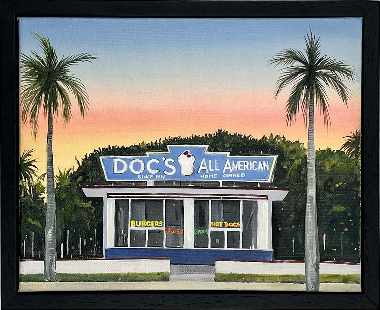 Painting of "Docs Diner," a retro eatery with a blue sign, palm trees on both sides, and a sunset sky. Neon signs highlight burgers, chips, gyros, and hot dogs.