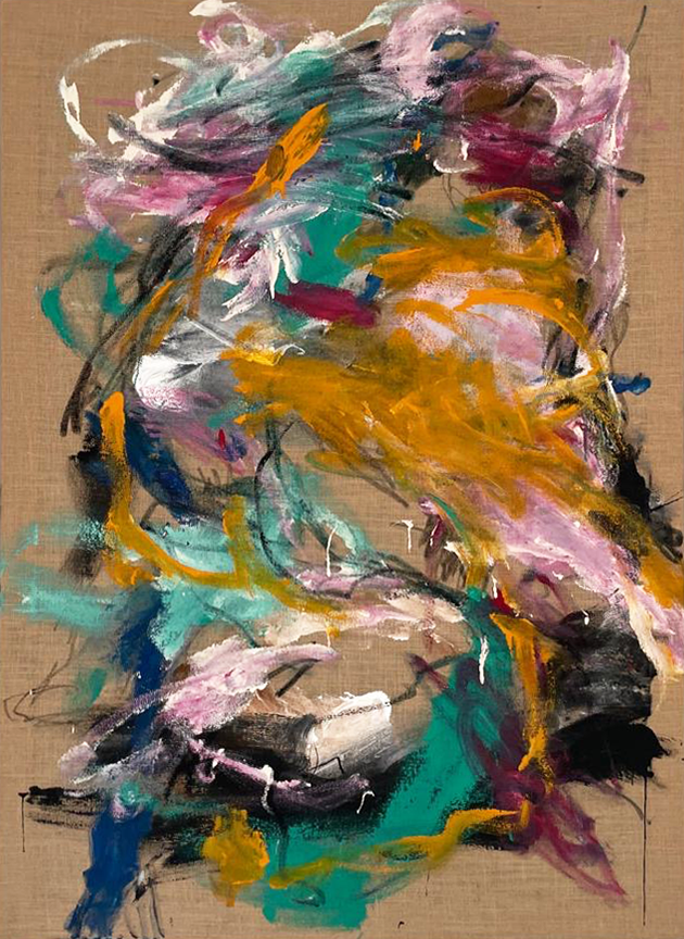 The artwork "Feelings I Need Reasons For, 2025" features bold, swirling strokes of yellow, teal, pink, white, and black on an unprimed canvas background.
