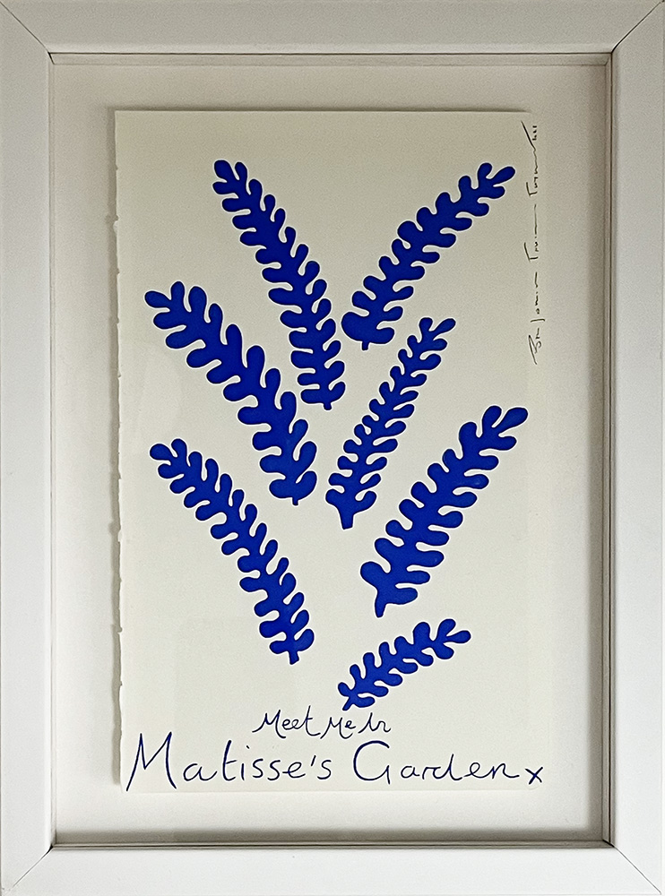Blue Ferns - Original Artwork: Framed piece showcasing blue fern-shaped cut-outs set vertically on a white background, finished with handwritten “Meet Me in Matisse’s Garden x” at the bottom.
