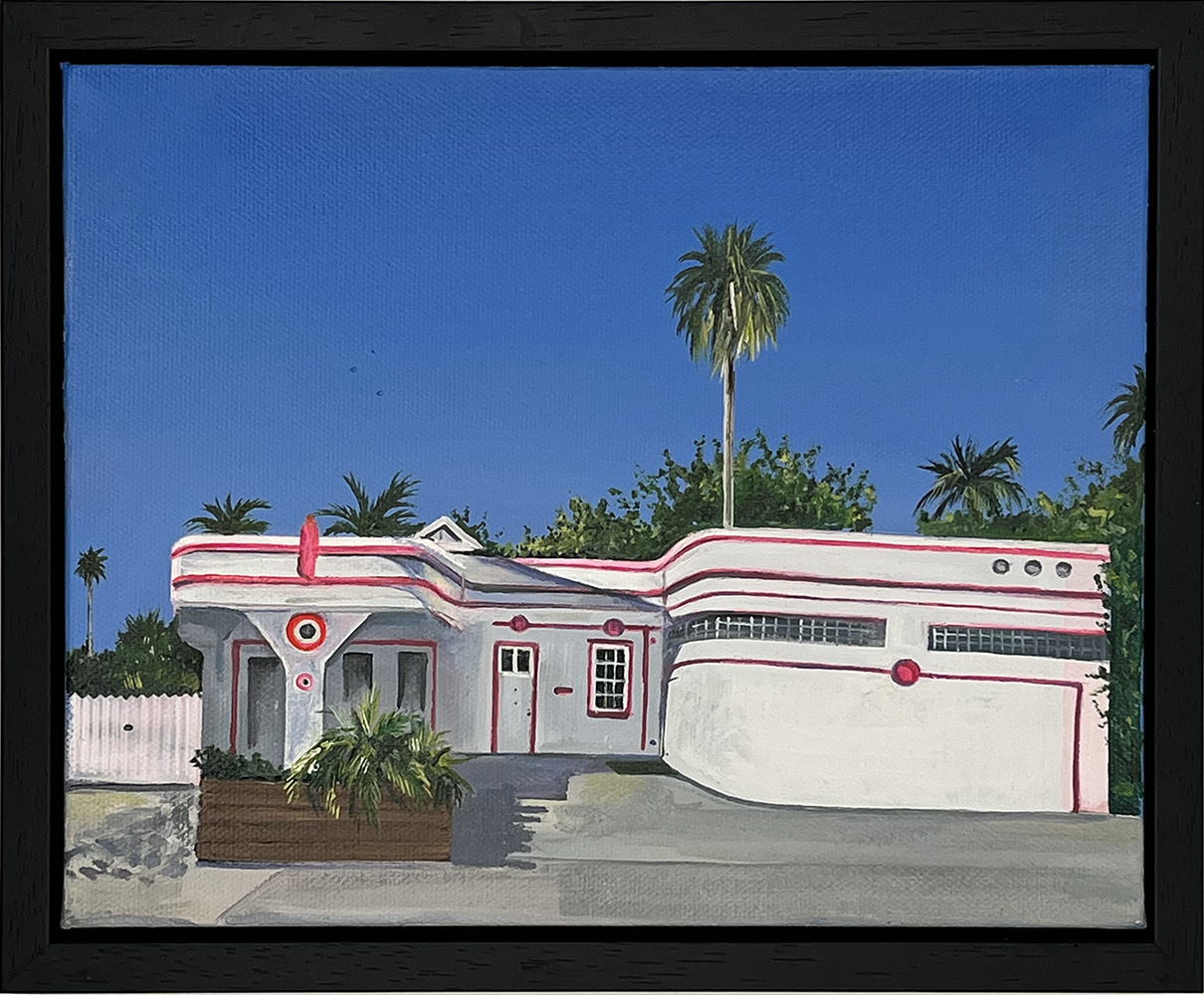 Key West - Original Artwork: Features a Key West art deco building with red and white accents, rounded corners, and palm trees set against a clear blue sky.