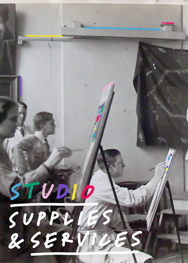Several people sit at easels drawing or painting in an art studio. The text "Studio Supplies & Services" is overlaid in colorful and white handwritten-style lettering.