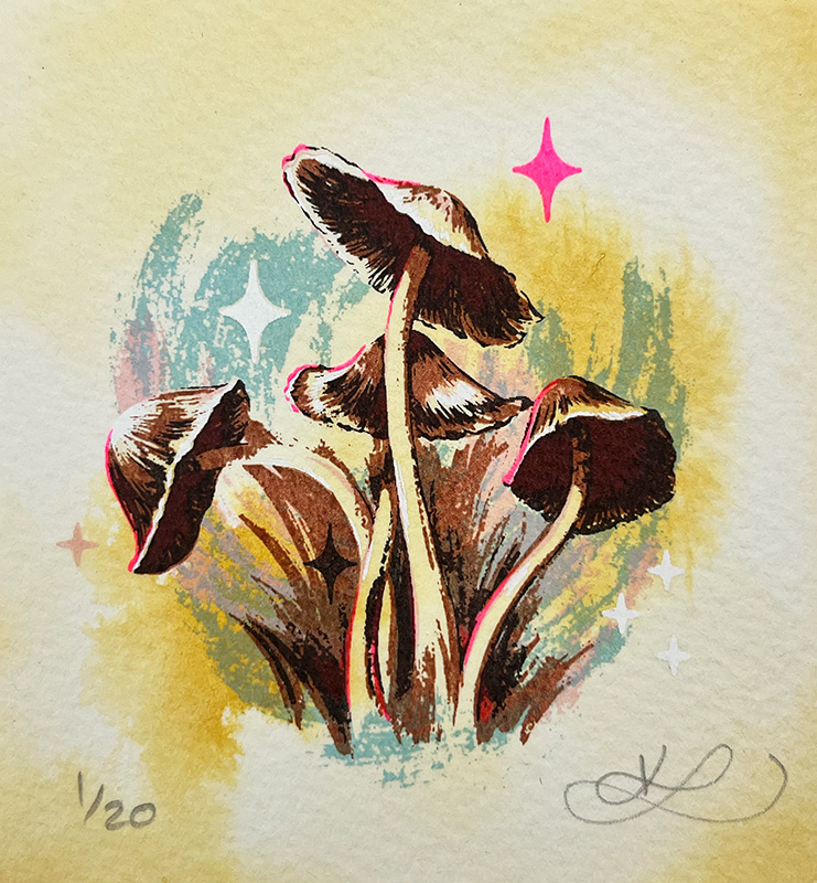 Illustration of four mushrooms with brown caps, surrounded by colorful abstract shapes and star-like highlights, on a yellow background. Handwritten markings and a signature appear in the corners.