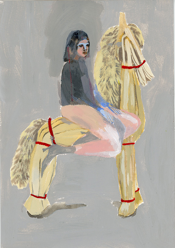 A person with shoulder-length dark hair sits on the Hay Horse - Original Artwork, which features red bands, set against a plain gray background.