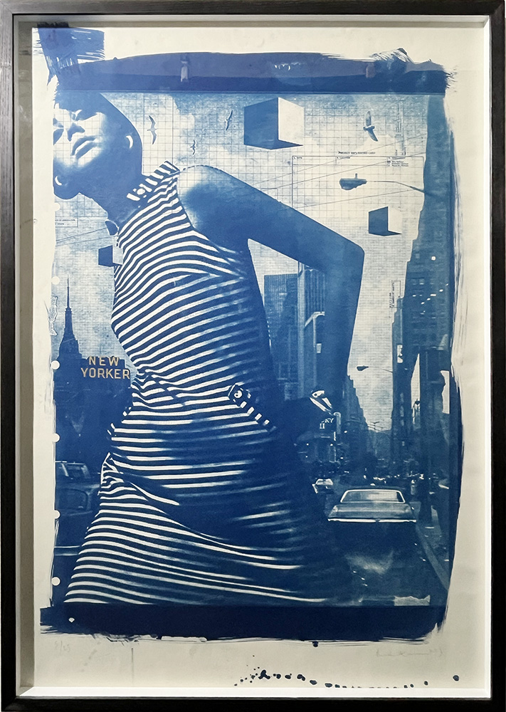 A girl in a striped dress stands in front of NYC buildings, floating cubes, and a vintage car, all shown in blue tones.