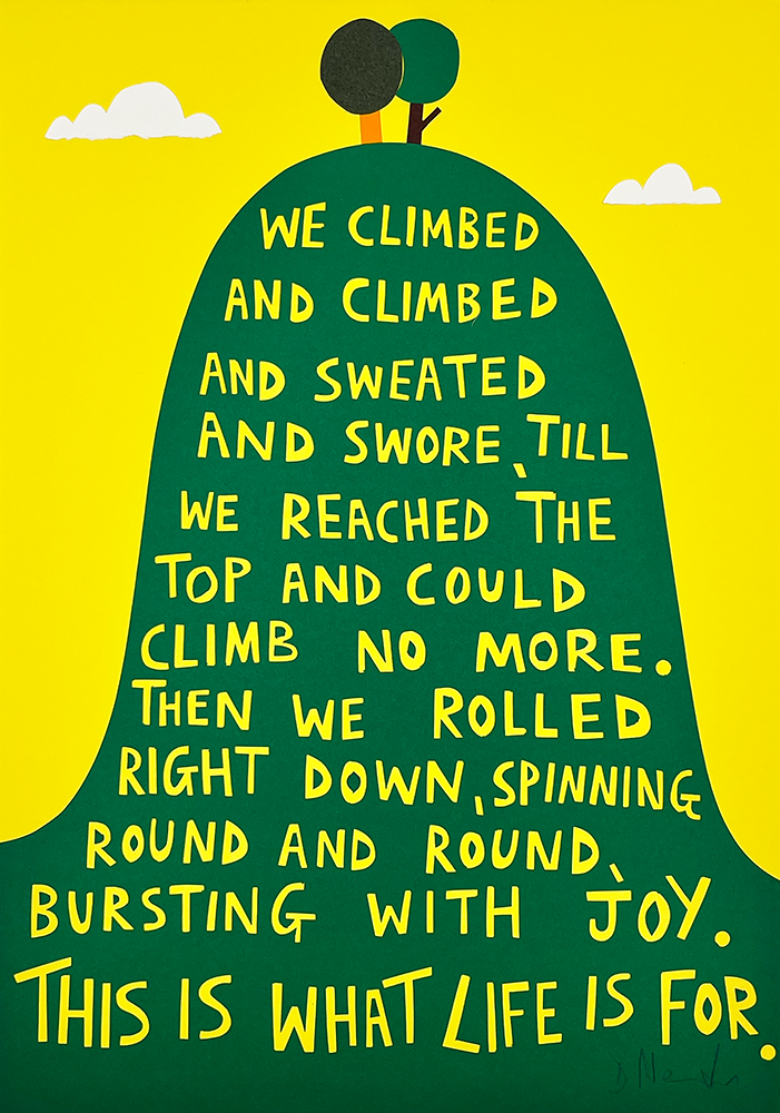 "We Climbed the Hill Together" is an original collage by Print Club artist David Newton. Known for his bold, graphic style and screen prints, Newton usually uses hand-cut paper to build print layers. In this special collection, the paper collage itself is the finished artwork.