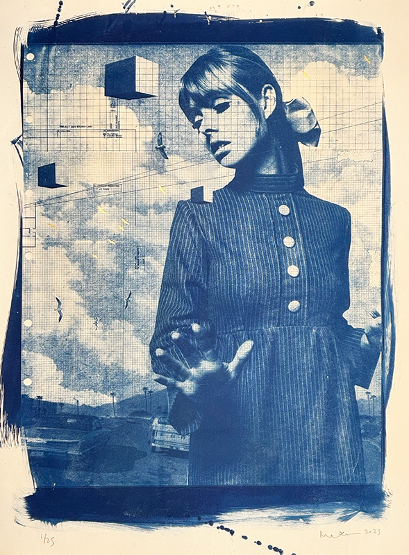 The "Broadway Girl - Cyanotype Print (Copy)" features a girl in a patterned dress with her hand raised amid clouds, grid lines, and floating cubes in surreal blue hues.