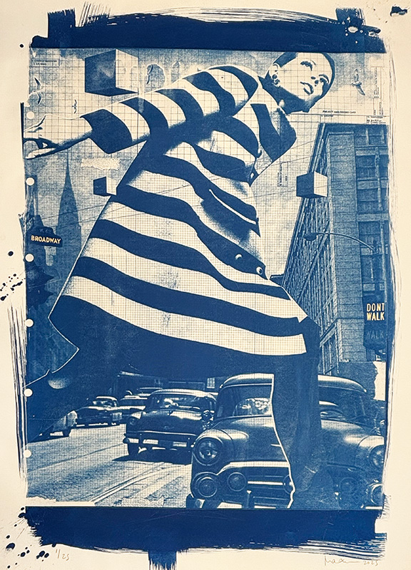 Artistic blue-toned collage of a woman in a striped dress walking across a city street with vintage cars and tall buildings, featuring Broadway and Do Not Walk street signs.
