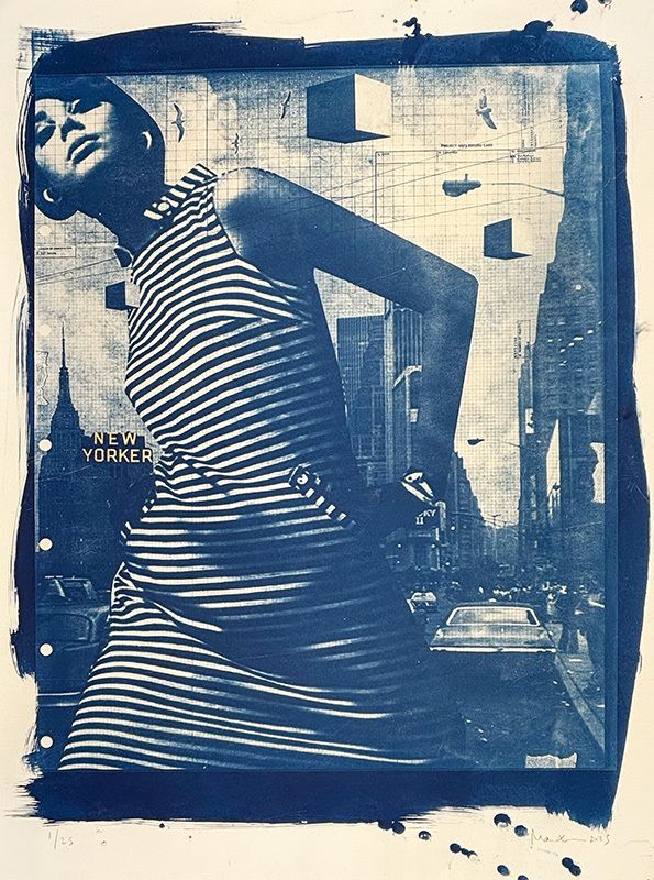 The “New York City Girl - Cyanotype Print” features a woman in a striped dress before skyscrapers, vintage cars, floating cubes, and the New Yorker sign, all rendered in glowing blue monochrome.