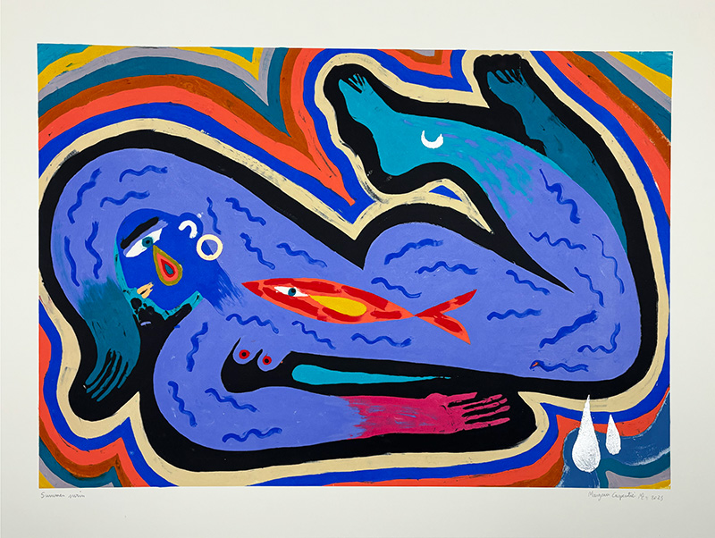 Summer Swim - Mono print: A colorful abstract mono print featuring a reclining blue figure with a red fish on its torso, wavy multicolored lines, and two white teardrop shapes in the lower right, evoking a summer swim.