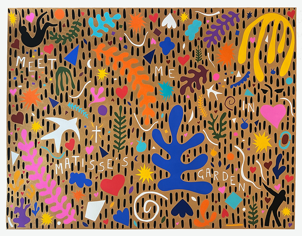 Colorful abstract artwork with various shapes, plants, hearts, birds, and stars; white text spells "MEET ME IN MATISSE'S GARDEN" across a brown speckled background.