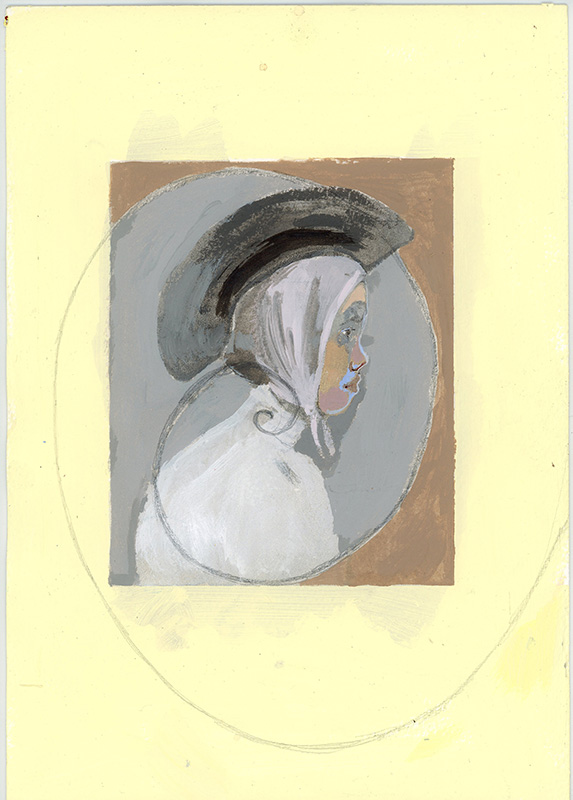 Spiral - Original Artwork features a side-profile painting of a person in a white headscarf and black hat, rendered in muted tones with a spiral-inspired circular design on a pale yellow canvas.