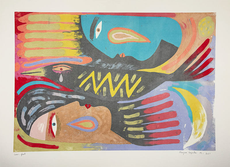 Crow (Ghost) - Mono print: An abstract painting featuring two stylized faces in profile, vibrant geometric shapes swirling between them, suggesting the enigmatic presence of a crow ghost.