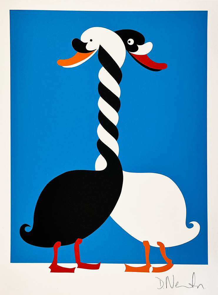 Birds of a Feather - Original Collage: Two geese, one black and one white, entwine their necks in a spiral against a blue background, symbolizing harmony and unity.
