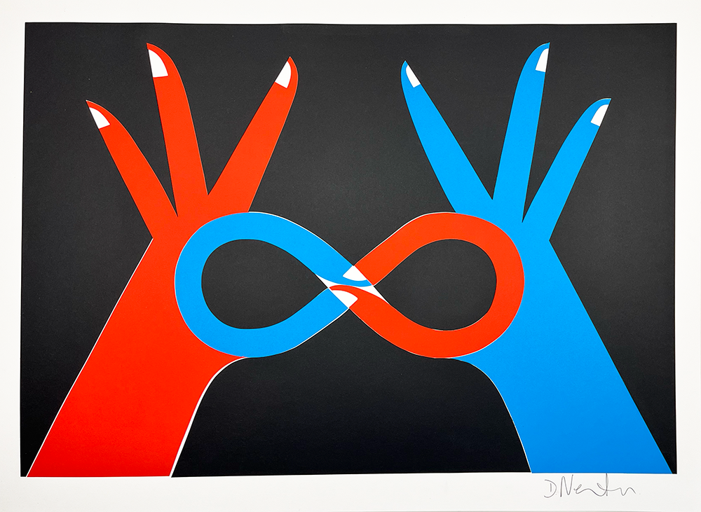 Illustration of a red hand and a blue hand forming an infinity symbol against a black background, with white fingernails and a visible signature in the bottom right corner.