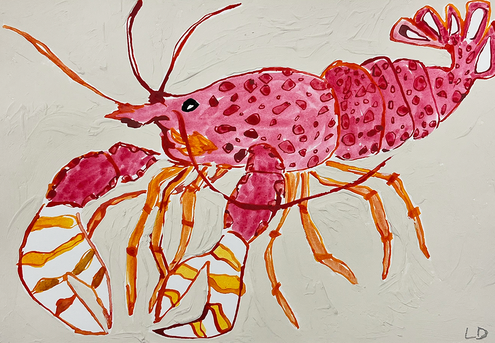 Pink Lobster 2 - Original Artwork features a colorful depiction of a pink lobster with a red spotted body and bright orange legs and claws, set against a light background.