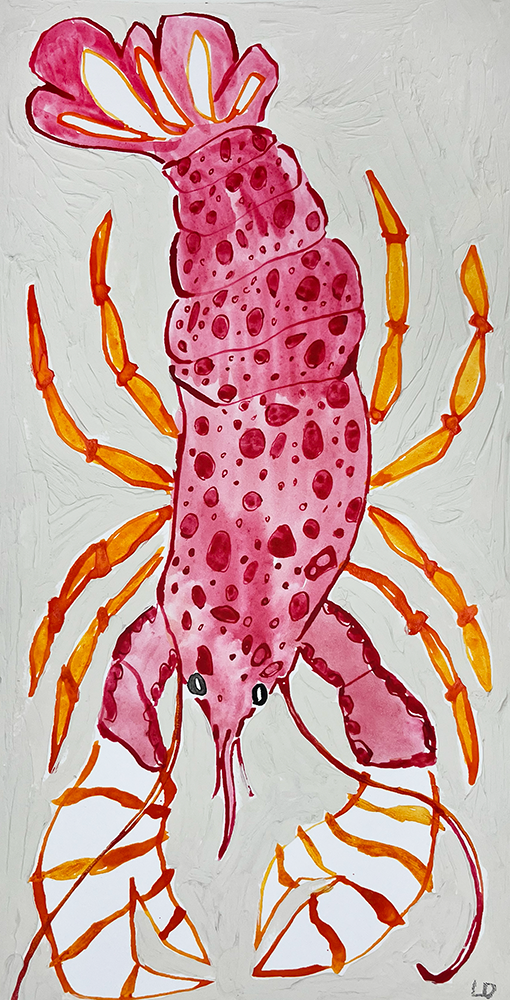 Pink Lobster 3 - Original Artwork: A stylized, colorful illustration featuring a pink lobster with a spotted body and orange legs on a light gray background.