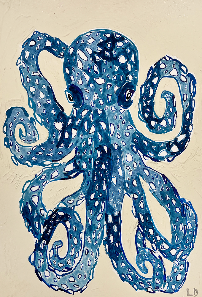 Blue Octopus 2 - Original Artwork: A stylized painting of two blue octopuses with white spots and swirling arms on a plain beige background.