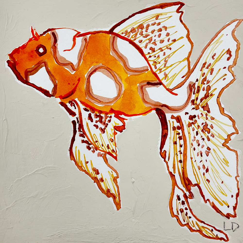 The "Orange Spot Fish 2 - Original Artwork" is a watercolor painting featuring an orange spot fish with flowing fins, set against a textured, light-colored background.