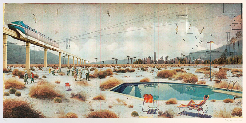 Out of Town - Limited Edition Screen Print features a futuristic train soaring over a desert dotted with people, lounge chairs, and a pool, set against a distant city skyline.
