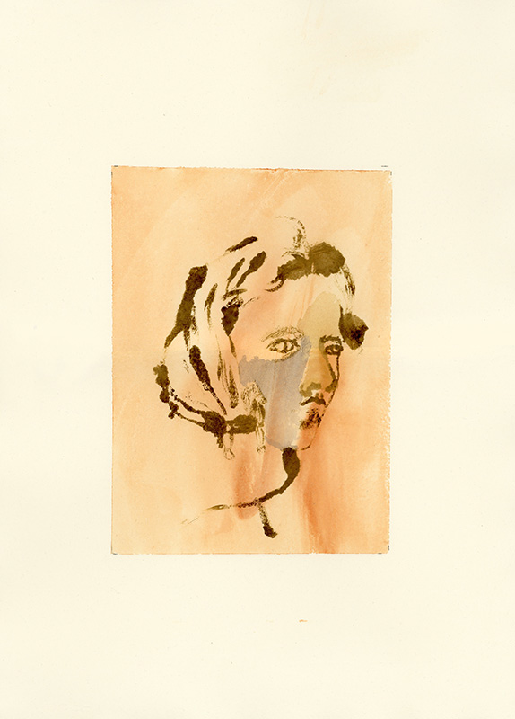 Chustki II - Original Artwork: Watercolor portrait with loose, abstract brushstrokes in brown and peach on a light background, inspired by expressive art.