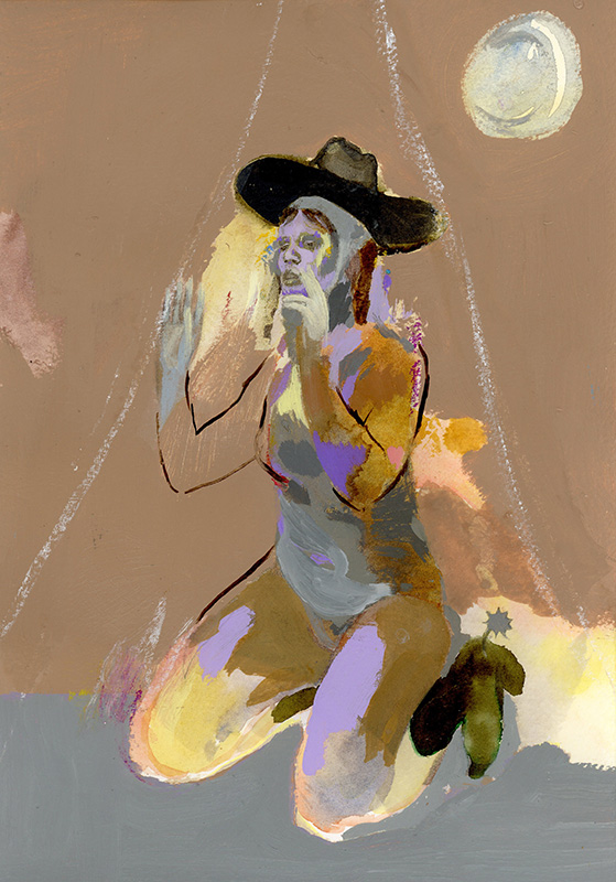 A person in a hat kneels with raised hands beneath a bright round light on a muted brown background—an emotional scene captured in the Solstice II - Original Artwork.