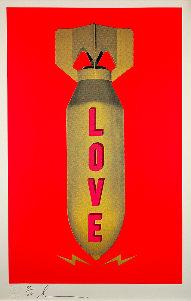A yellow “Love Bomb” with “LOVE” in pink capitals appears against a bright red background in this limited edition screenprint.