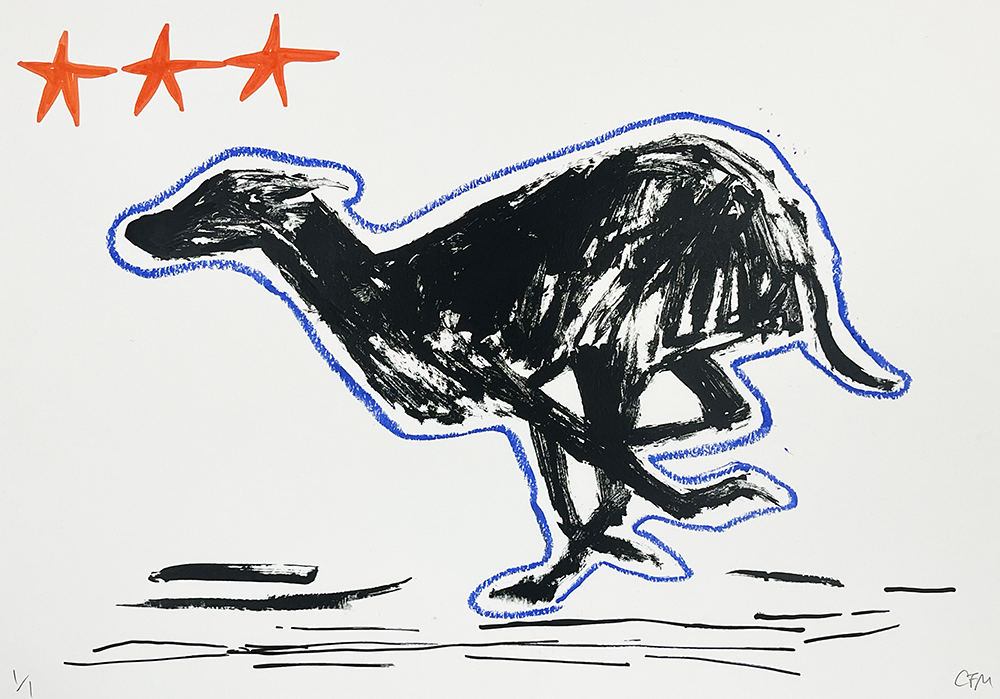 Run Free (Hand Finished)" features a black abstract animal outlined in blue, running left beneath three red stars on white—an eye-catching modern art piece.