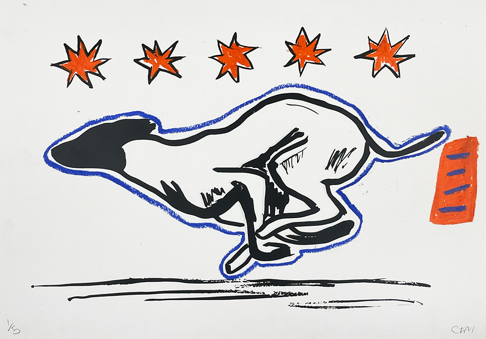 Chasing Time (Hand Finished) features a stylized black and white dog running beneath five red six-pointed stars, accented with blue and orange details on the hand-finished figure.