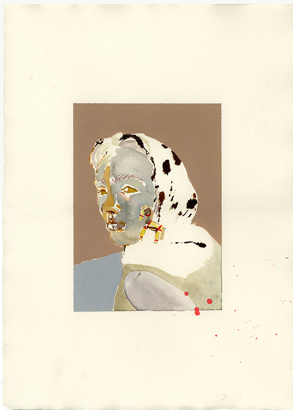 Chustki - Original Artwork features a stylized portrait of a person in a speckled headscarf, with abstract colors and lines highlighting the face against a neutral background.