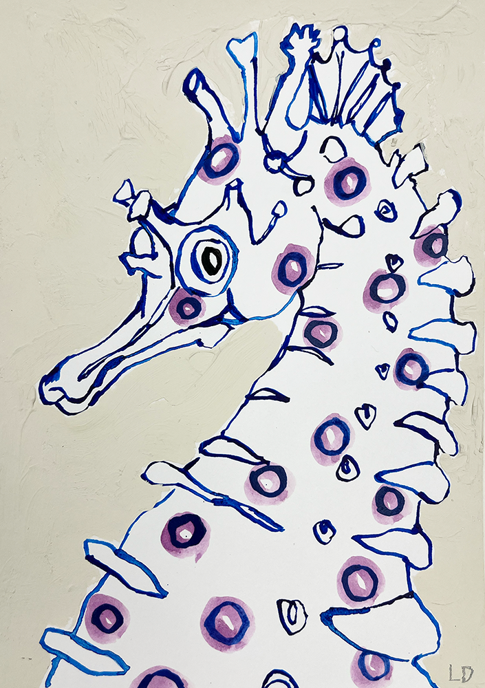 Spotted Seahorse - Original Artwork features a stylized drawing of a seahorse with blue outlines and purple spots set against a light background.