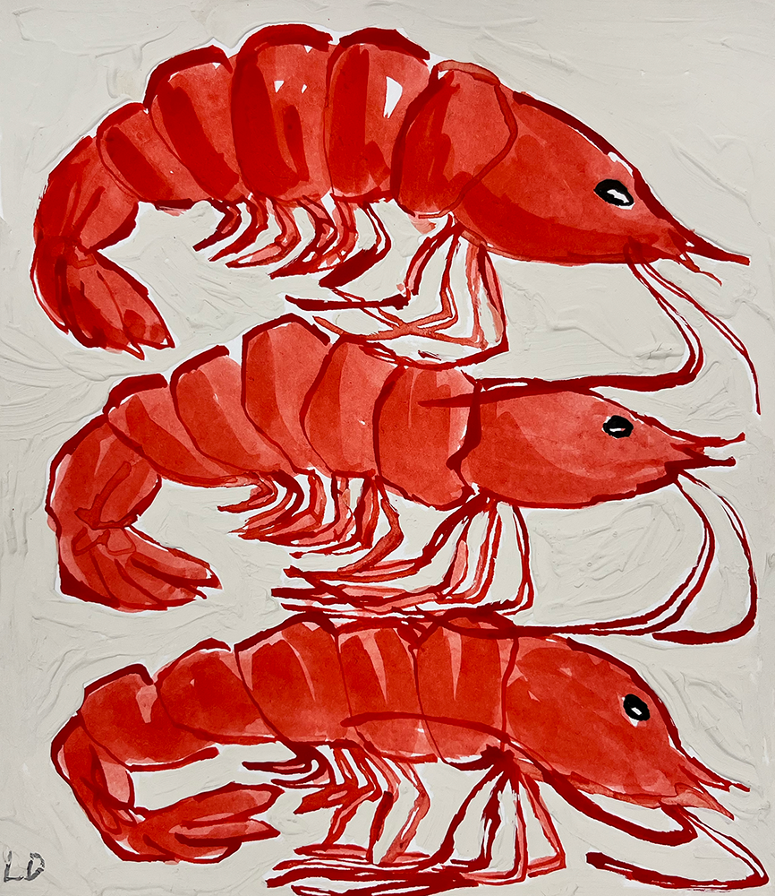 Three Prawns - Original Artwork features three prawns stacked vertically against a light gray textured background.