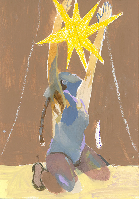 A person in blue kneels, reaching up with both arms toward a large yellow star on a brown background—Solstice - Original Artwork.