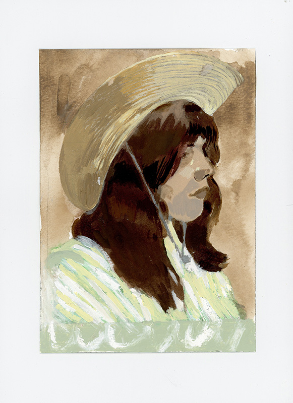 Slavic Cowgirl - Original Artwork depicts a cowgirl in profile with long brown hair, a wide-brimmed hat, and light clothing against a brownish background.